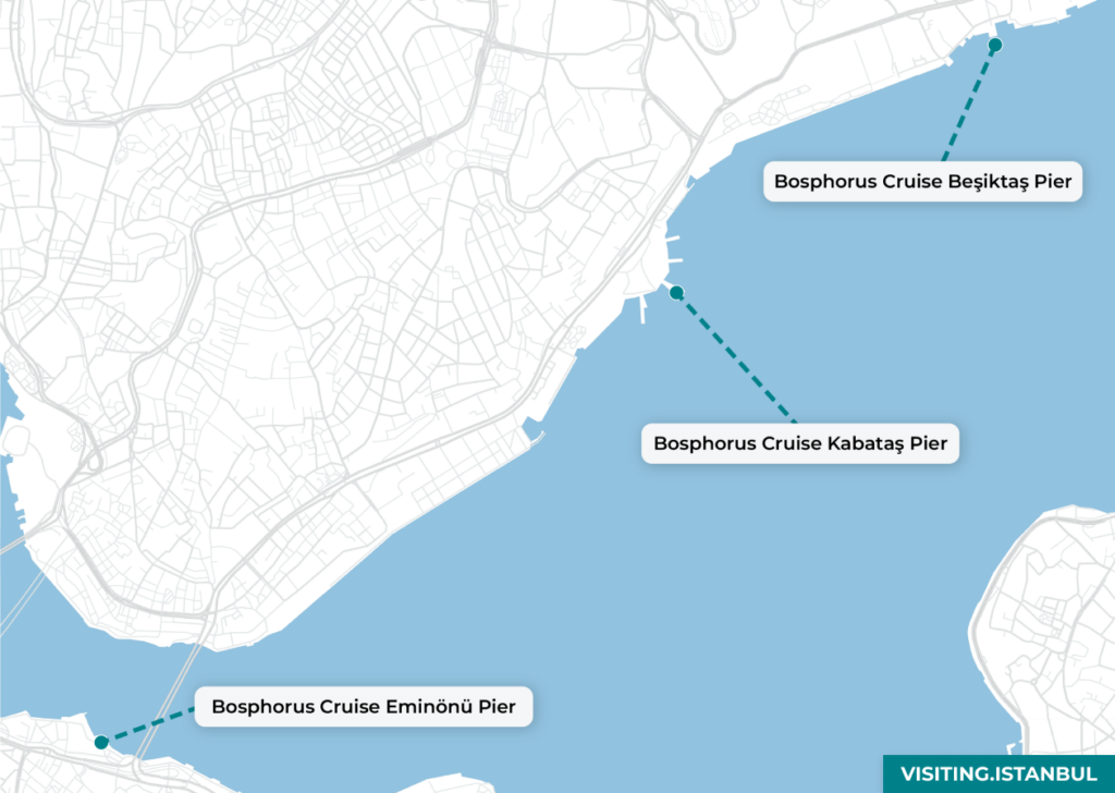 Mapa com a localização dos cais de cruzeiros do Bósforo.