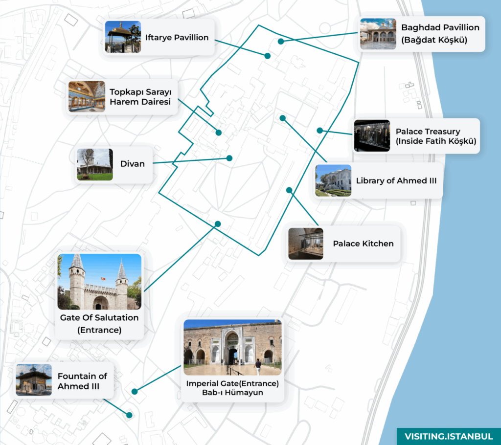Karte des Topkapi-Palastes mit Markierung der wichtigsten Orte.